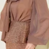 Shiny Sequin Detailed Evening Two-Piece Set Brown all'ingrosso clothing set view 4 - Hicabistan fabbrica Turchia