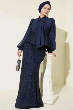 Shiny Sequin Detailed Evening Two-Piece Set Navy Blue