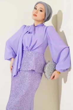 Alternative view of Shiny Sequin Detailed Evening Two-Piece Set Lilac
