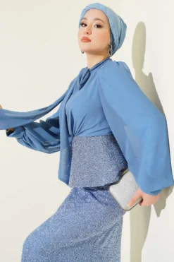 Alternative view of Shiny Sequin Detailed Evening Two-Piece Set Blue