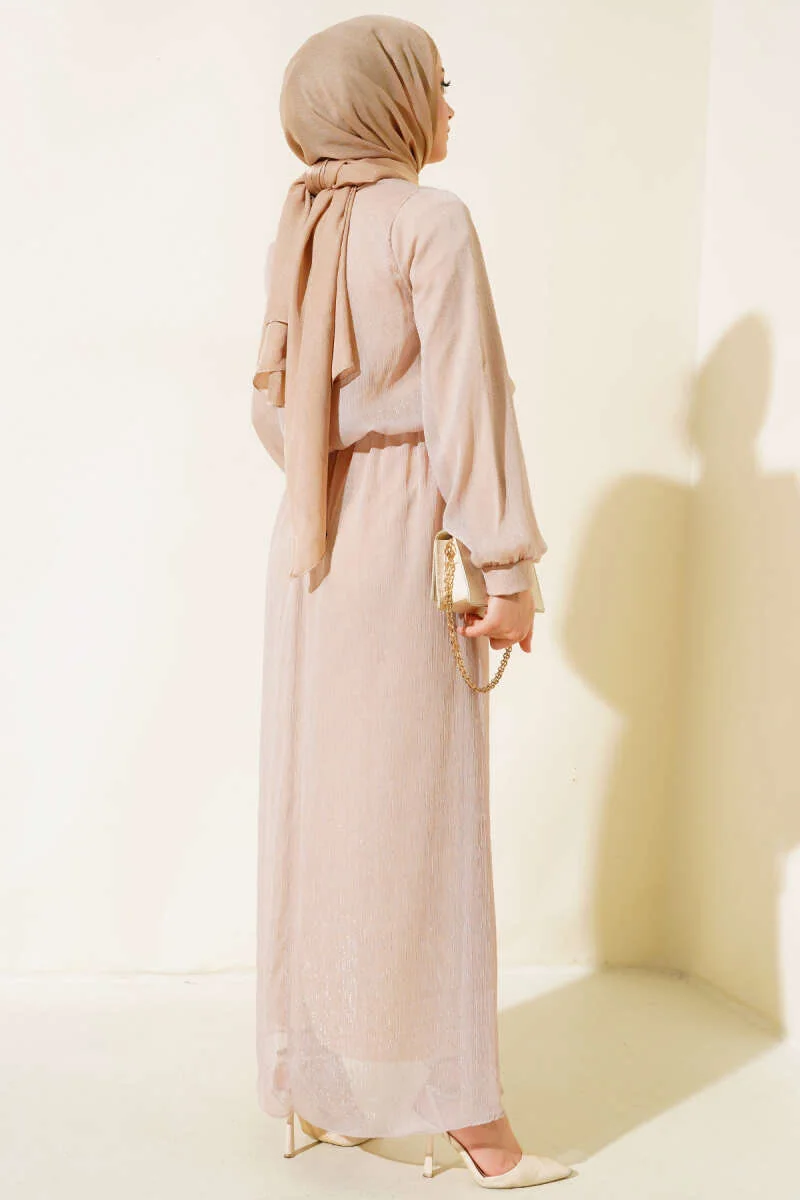 Shiny Tulle Dress Beige en gros dress view 3 - Hicabistan usine Turquie