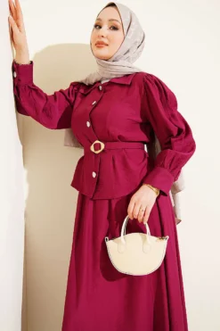 Alternative view of Belted Skirt Set with Pen Details Burgundy