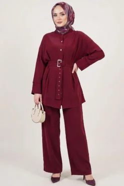 Belted Two-Piece Set with Detail Burgundy
