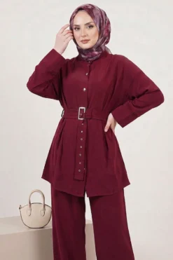 Alternative view of Belted Two-Piece Set with Detail Burgundy