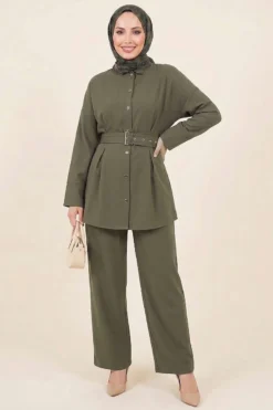 Alternative view of Belted Two-Piece Set with Detail Khaki