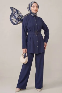 Belted Two-Piece Set with Detail Navy Blue