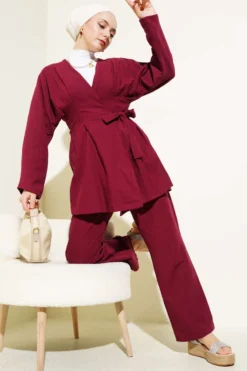 Pencil Tied Linen Two-Piece Set Burgundy بالجملة clothing set - Hicabistan مصنع تركيا