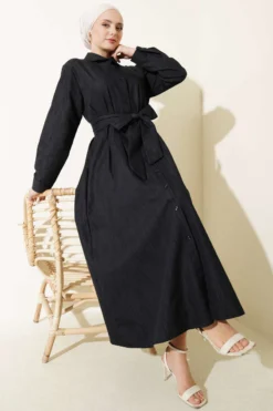 Button-Up Gabardine Dress Navy Blue بالجملة dress - Hicabistan مصنع تركيا