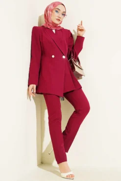 Blazer Jacket Set with Pile Detail Burgundy