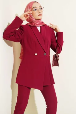 Alternative view of Blazer Jacket Set with Pile Detail Burgundy