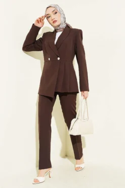 Blazer Jacket Set with Pile Detail Brown