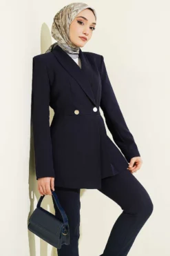 Blazer Jacket Set with Pile Detail Navy Blue