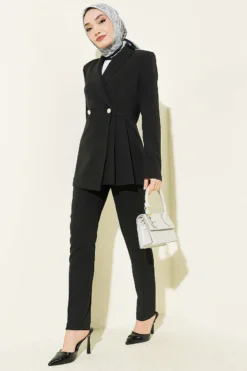 Blazer Jacket Set with Pile Detail Black