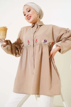 Pleated Floral Embroidered Shirt Brown