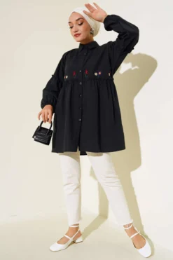 Alternative view of Pleated Floral Embroidered Shirt Black