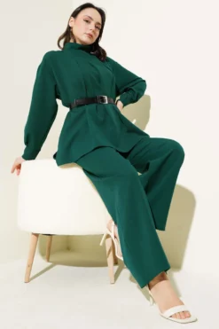 Pleated Belted Loose Two-Piece Set Green wholesale clothing set - Hicabistan Turkey factory