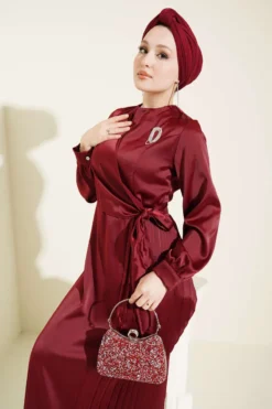 Pleated Side-Tied Satin Evening Dress Burgundy en gros dress - Hicabistan usine Turquie