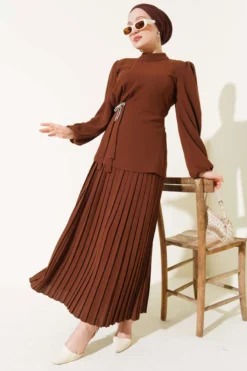 Pleated Skirt Tunic Set Brown