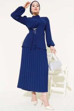 Pleated Skirt Tunic Set Navy Blue