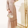 Pleated Ruffled Belted Chiffon Dress Beige