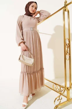 Pleated Ruffled Belted Chiffon Dress Beige