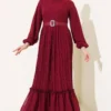 Pleated Ruffled Belted Chiffon Dress Burgundy