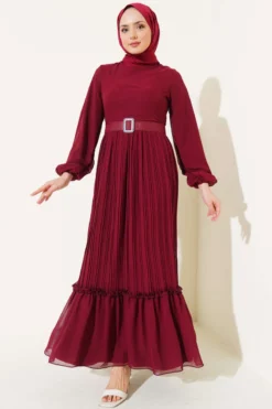 Pleated Ruffled Belted Chiffon Dress Burgundy