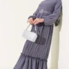 Pleated Ruffled Belted Chiffon Dress Grey