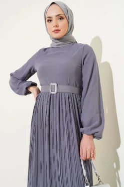 Alternative view of Pleated Ruffled Belted Chiffon Dress Grey