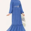 Pleated Ruffled Belted Chiffon Dress Indigo