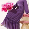 Pleated Ruffled Belted Chiffon Dress Lilac