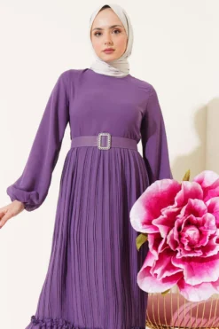 Alternative view of Pleated Ruffled Belted Chiffon Dress Lilac
