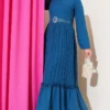 Pleated Ruffled Belted Chiffon Dress Petrol
