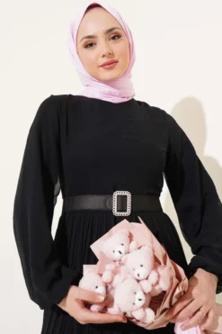 Alternative view of Pleated Ruffled Belted Chiffon Dress Black