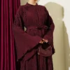 Pleated Spanish Sleeve Belted Dress Burgundy groothandel dress view 2 - Hicabistan Turkije fabriek