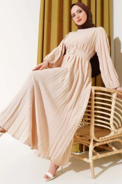 Pleated Belted Ayrobin Dress Beige