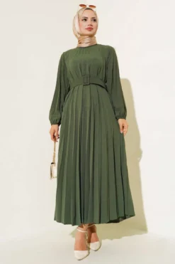 Pleated Belted Ayrobin Dress Khaki