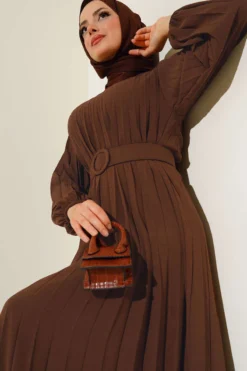 Pleated Belted Ayrobin Dress Brown
