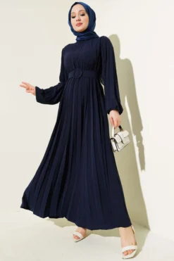 Pleated Belted Ayrobin Dress Navy Blue