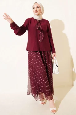 Polka Dot Scarf Skirt Two-Piece Set Burgundy