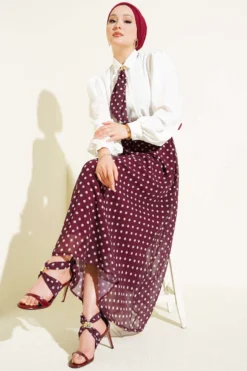 Polka Dot Skirt and Blouse Set Burgundy all'ingrosso clothing set - Hicabistan fabbrica Turchia