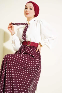 Polka Dot Skirt and Blouse Set Burgundy all'ingrosso clothing set view 2 - Hicabistan fabbrica Turchia