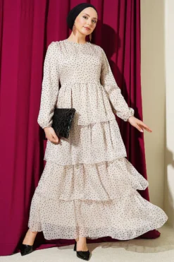 Polka Dot Layered Chiffon Dress Beige groothandel dress - Hicabistan Turkije fabriek