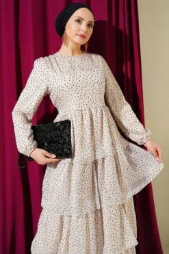 Polka Dot Layered Chiffon Dress Beige groothandel dress view 2 - Hicabistan Turkije fabriek