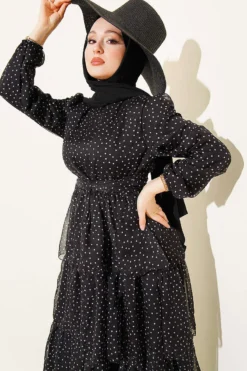 Polka Dot Layered Chiffon Dress Black بالجملة dress view 2 - Hicabistan مصنع تركيا
