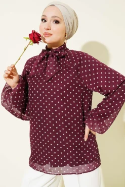 Polka Dot Tie Neck Chiffon Tunic Burgundy