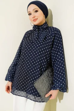 Polka Dot Tie Neck Chiffon Tunic Navy Blue