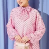 Polka Dot Tie Neck Chiffon Tunic Pink