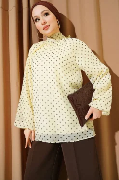 Polka Dot Tie Neck Chiffon Tunic Yellow