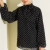 Polka Dot Tie Neck Chiffon Tunic Black